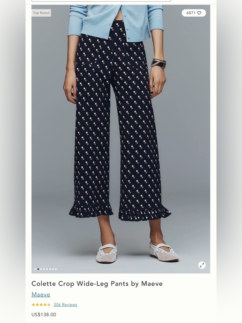 NWT Size 33 Tall -Colette Crop Wide-Leg Pants Maeve Cotton Blend (NWT US$ 138)